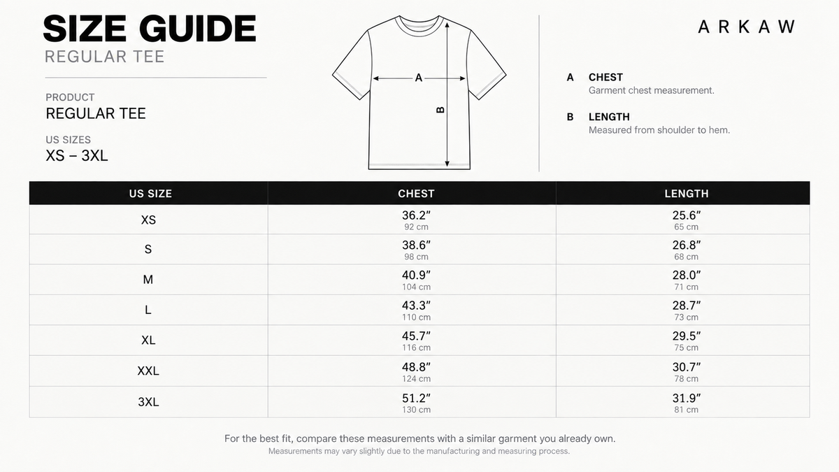 Slim Fit Short Sleeve T-Shirt size guide